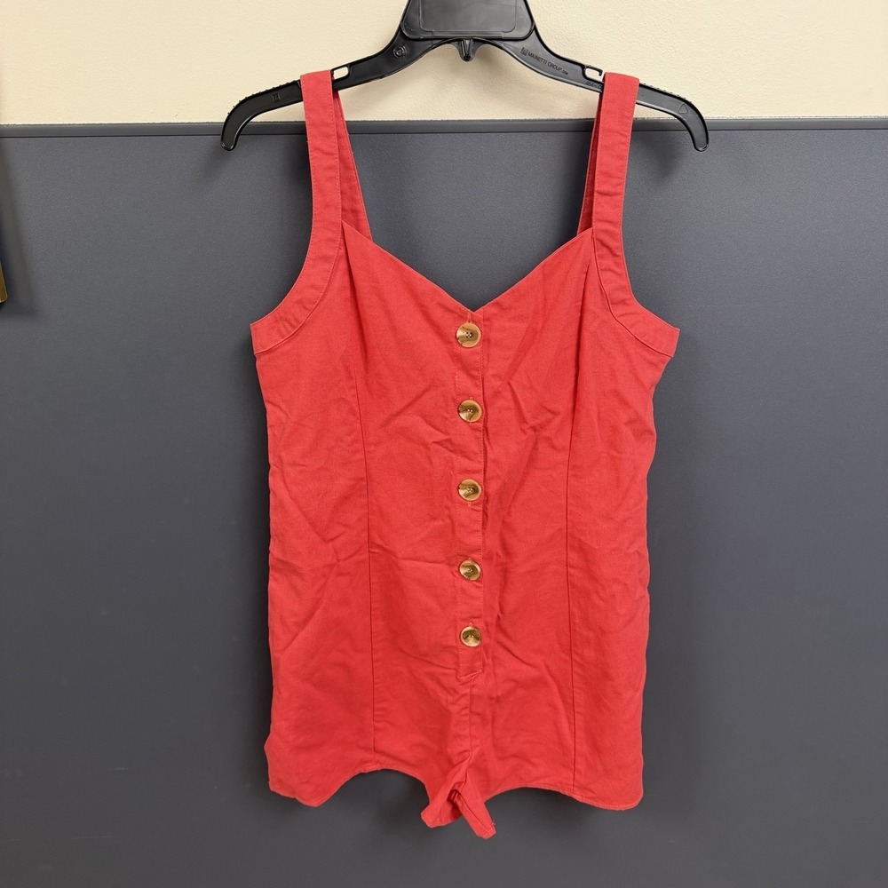 Wonderly‎ Button Front Romper Shorts Linen Blend Women Size Large Reddish